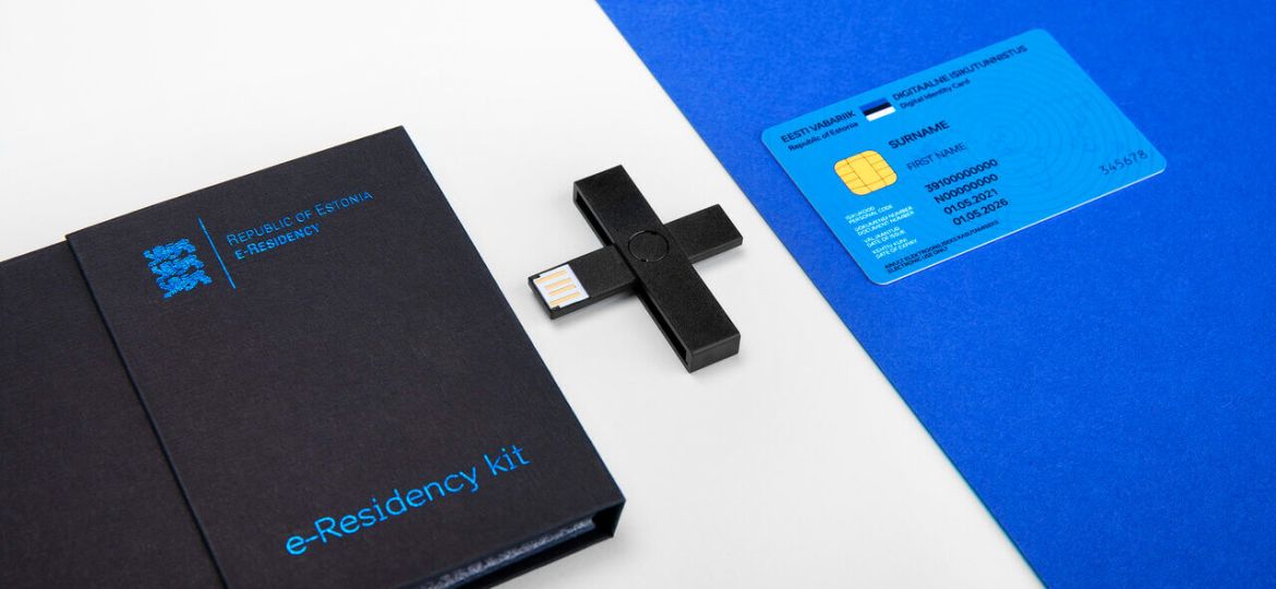 e-Residency kit box with blue card and black reader