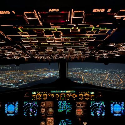 backlit instrument panel of an airplane cockpit
